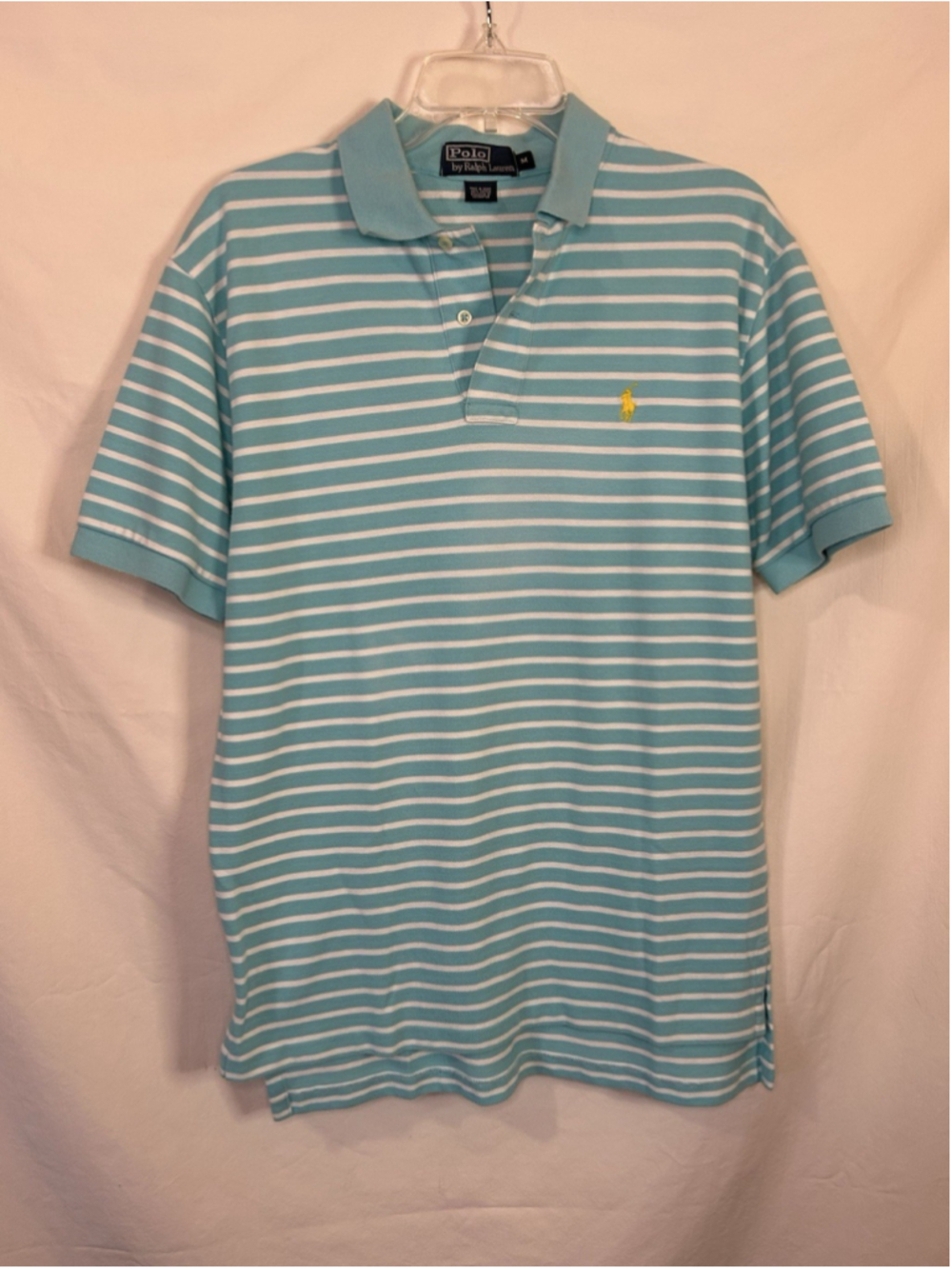 Polo Ralph Lauren Mens Medium Turquoise White Striped Cotton Pique Polo Shirt